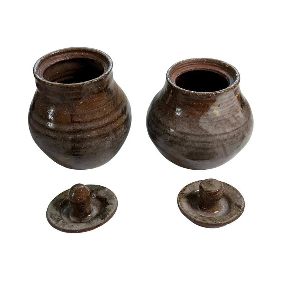 Vintage Studio Pottery Lidded Jars Set of 2 Brown Glazed Stoneware Canisters